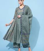 Kimayra cotton calf length printed semi-flared 3/4 sleeve v neck kurta bottom dupatta set