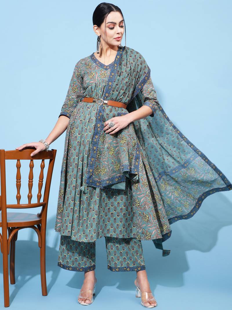 Kimayra cotton calf length printed semi-flared 3/4 sleeve v neck kurta bottom dupatta set