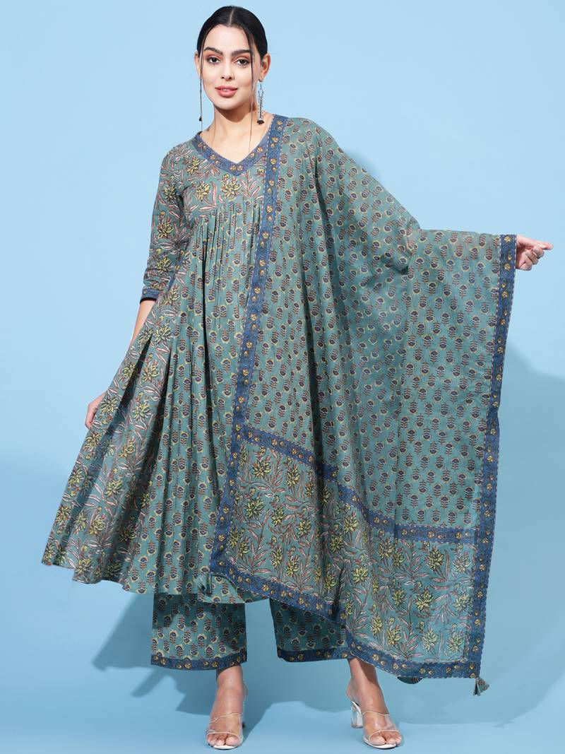 Kimayra cotton calf length printed semi-flared 3/4 sleeve v neck kurta bottom dupatta set