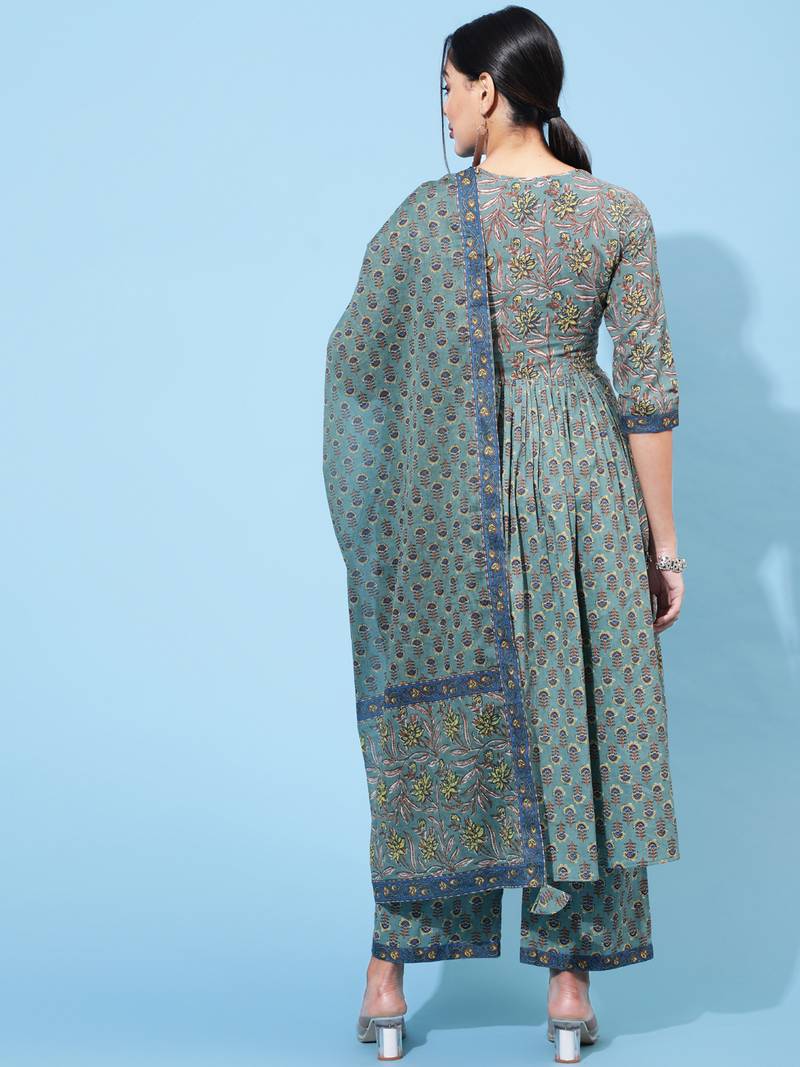 Kimayra cotton calf length printed semi-flared 3/4 sleeve v neck kurta bottom dupatta set