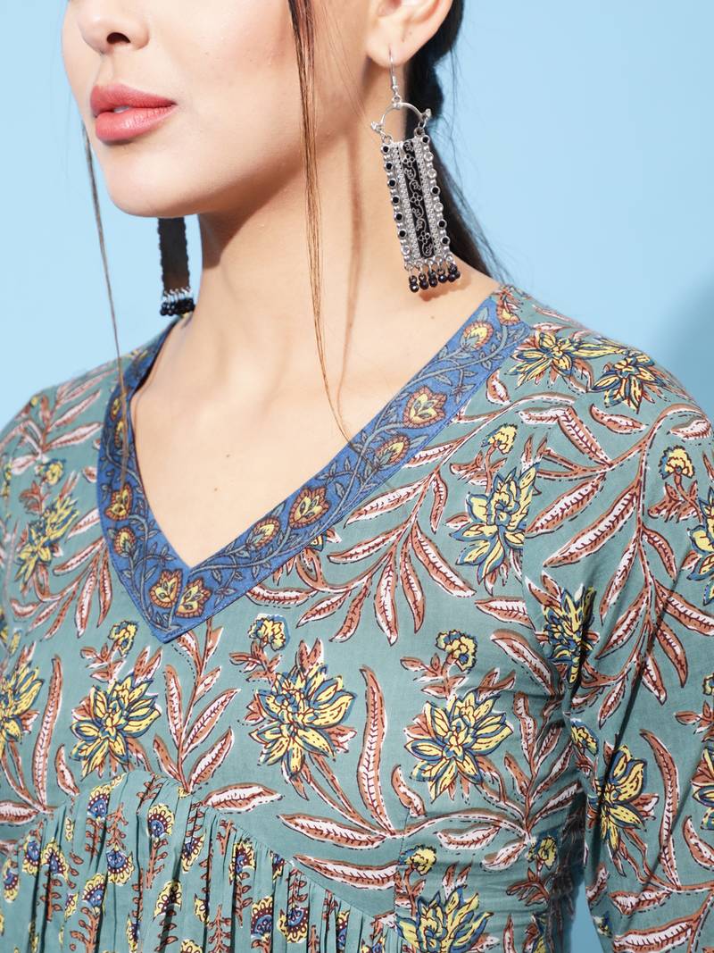 Kimayra cotton calf length printed semi-flared 3/4 sleeve v neck kurta bottom dupatta set