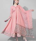 Kimayra cotton calf length printed flared 3/4 sleeves sweetheart neck kurta bottom dupatta set
