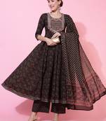 Gulmohar jaipur cotton calf length printed flared 3/4 sleeves round neck kurta bottom dupatta set