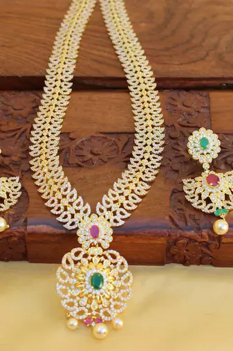 Gold platted cz long necklace set