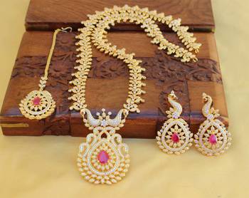 Gold platted cz peacock long necklace set 1