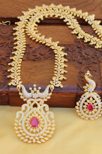 Gold platted cz peacock long necklace set