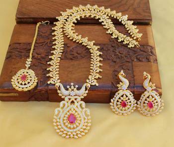 Gold platted cz peacock long necklace set 2