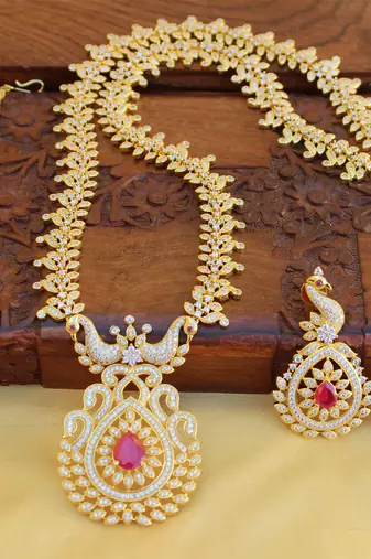 Gold platted cz peacock long necklace set