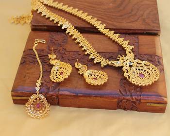 Gold platted cz peacock long necklace set 3