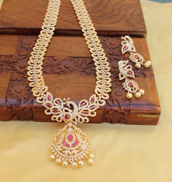 Gold platted cz peacock long necklace set 1