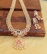 Gold platted cz peacock long necklace set