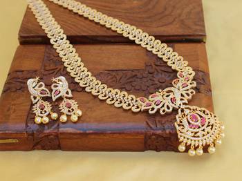 Gold platted cz peacock long necklace set 2