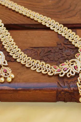 Gold platted cz peacock long necklace set