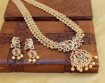 Gold platted cz peacock long necklace set 1