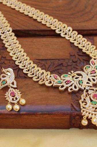 Gold platted cz peacock long necklace set