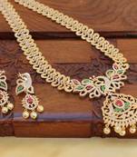 Gold platted cz peacock long necklace set