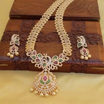 Gold platted cz peacock long necklace set 2