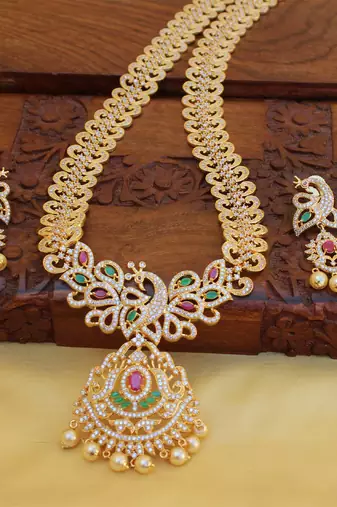 Gold platted cz peacock long necklace set