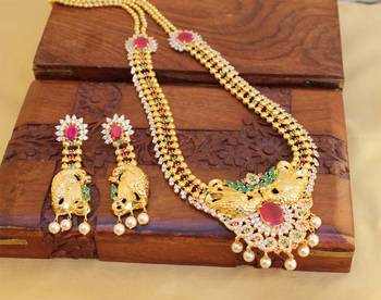 Gold platted cz peacock long necklace set 1