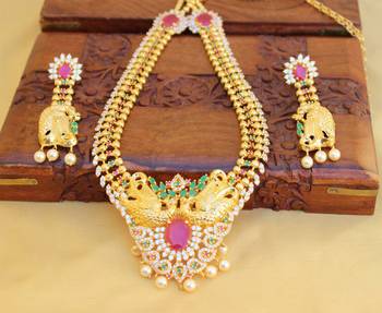 Gold platted cz peacock long necklace set 2