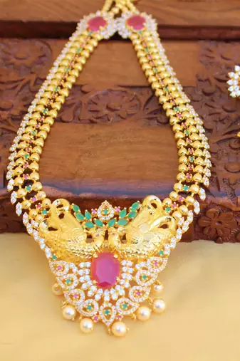 Gold platted cz peacock long necklace set