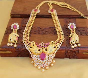 Gold platted cz peacock long necklace set 1