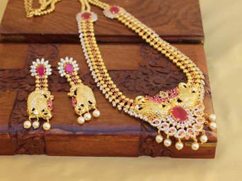 Gold platted cz peacock long necklace set 2