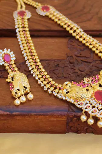 Gold platted cz peacock long necklace set