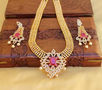 Gold platted ruby cz long necklace set 1
