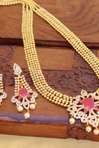 Gold platted ruby cz long necklace set