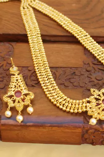 Gold platted ruby cz long necklace set