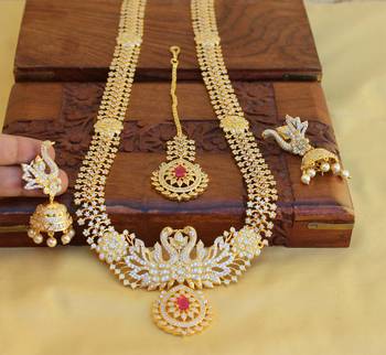 Gold platted cz peacock long necklace set 1