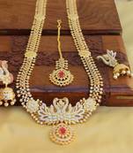 Gold platted cz peacock long necklace set