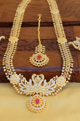 Gold platted cz peacock long necklace set
