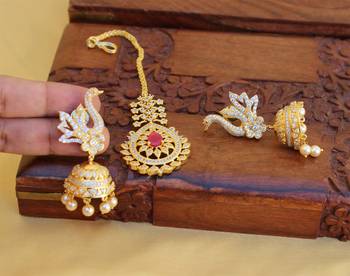 Gold platted cz peacock long necklace set 3