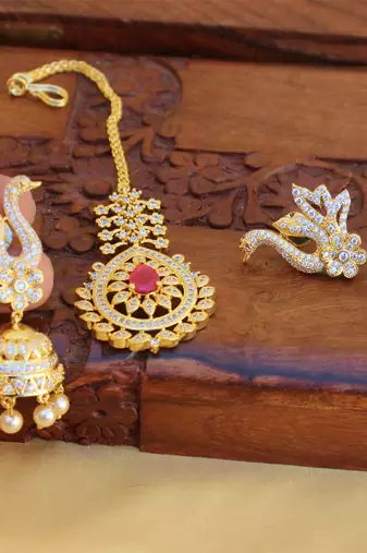 Gold platted cz peacock long necklace set