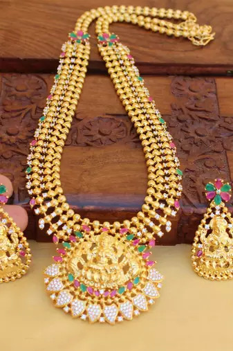 Gold platted cz temple long necklace set