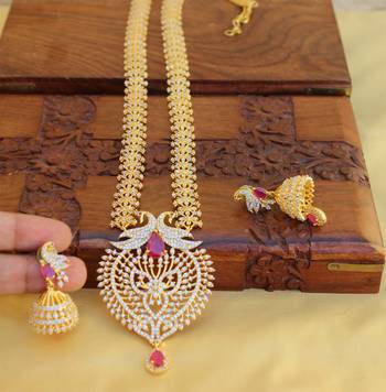 Gold platted ruby cz  peacock long necklace set 1