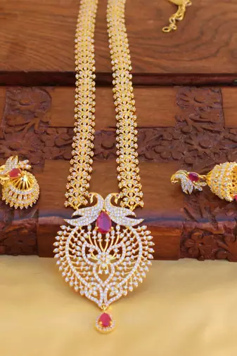 Gold platted ruby cz  peacock long necklace set