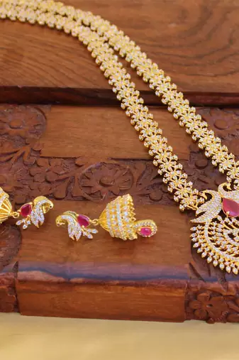 Gold platted ruby cz  peacock long necklace set
