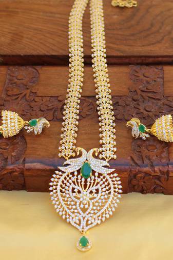 Gold platted ruby cz  peacock long necklace set