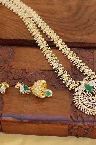 Gold platted ruby cz  peacock long necklace set