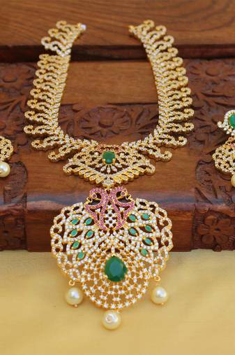 Gold platted ruby cz peacock short necklace set
