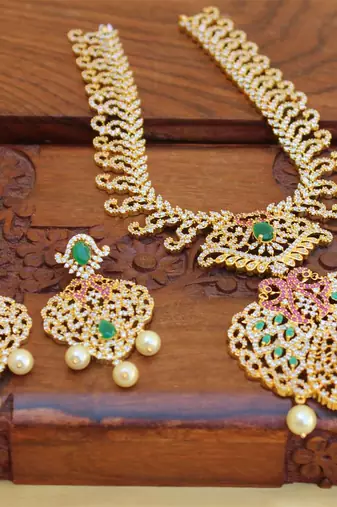 Gold platted ruby cz peacock short necklace set