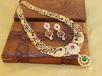 Gold platted ruby cz peacock long necklace set 1