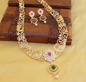 Gold platted ruby cz peacock long necklace set 2