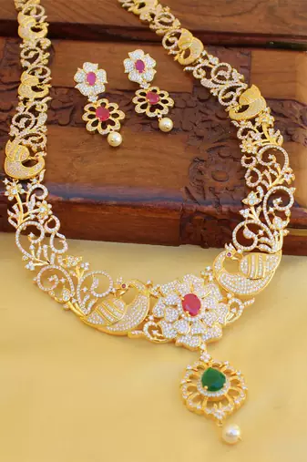 Gold platted ruby cz peacock long necklace set