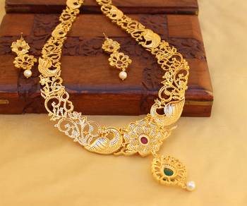 Gold platted ruby cz peacock long necklace set 3