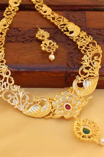 Gold platted ruby cz peacock long necklace set