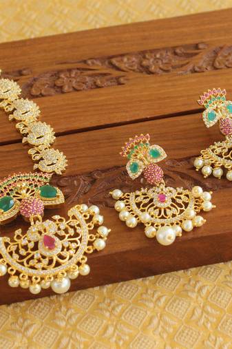 Gold platted ruby cz peacock pearl short necklace set